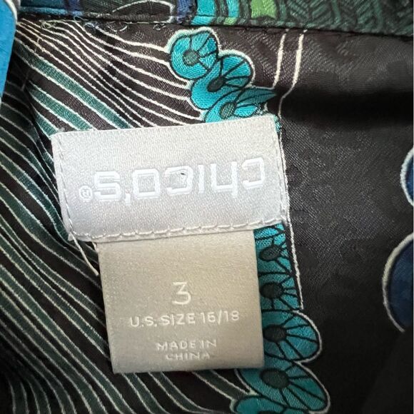 Chicos Peacock Blouse Tie Neck Balloon Statement Sleeve Silky Satin Size 3 16/18 - Picture 7 of 10